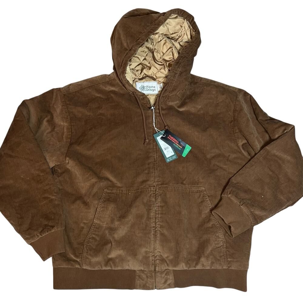 Alpine Design brown soft  Corduroy Quilted Hood Full Zip coat size large NEW